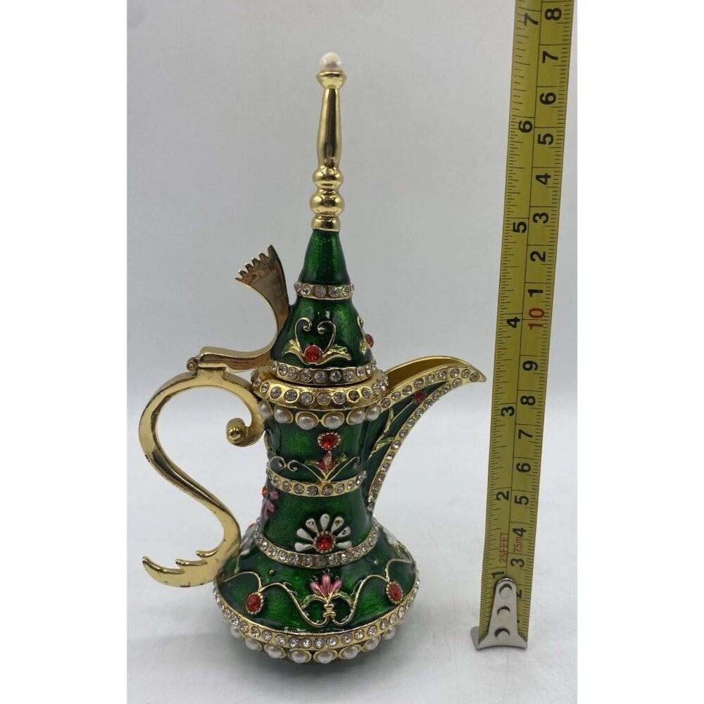 Signed Qifu Green Enamel Jeweled Arabian Nights Trinket Stash Ring Vanity Box - Picture 12 of 12